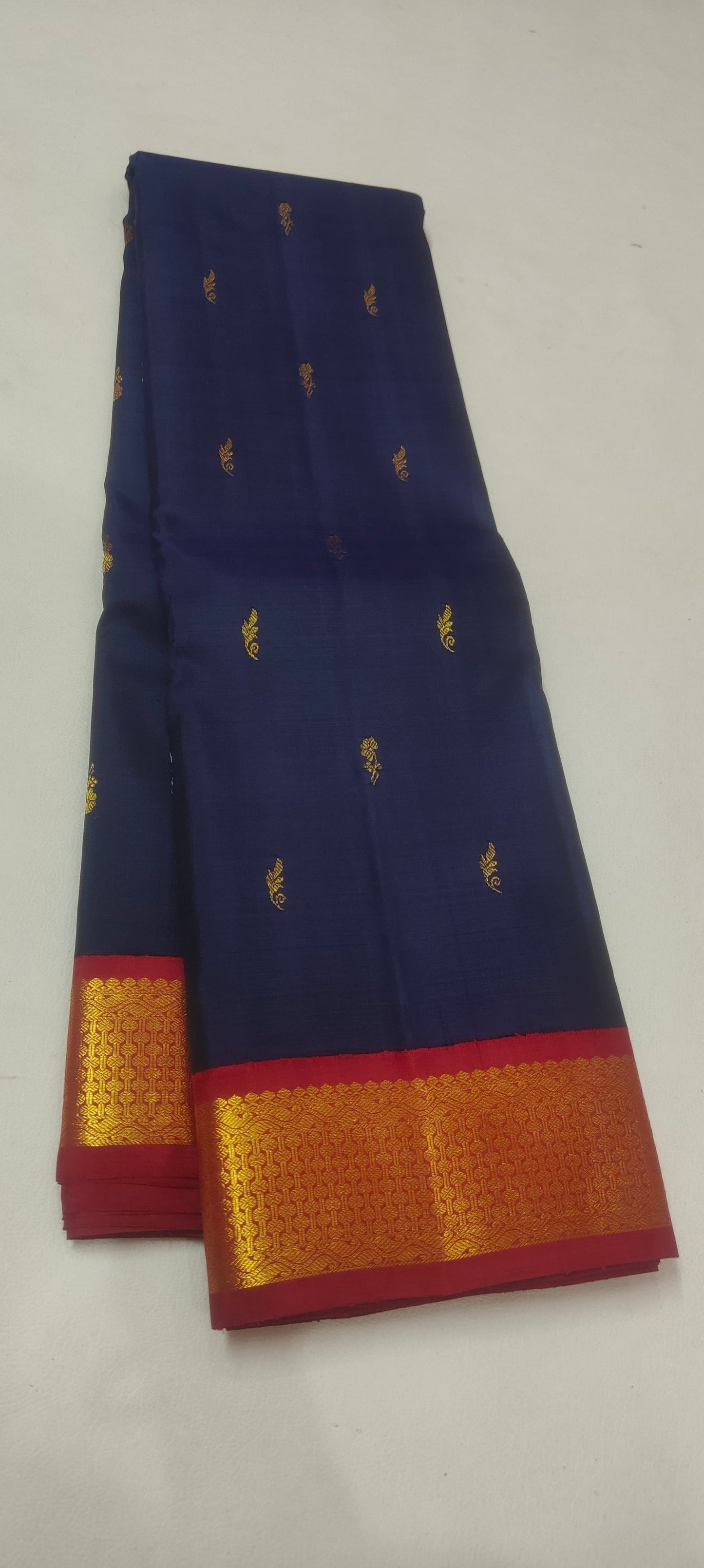 Navy Blue Handwoven Pure Silk Kanjivaram Saree with Vermilion Red Korvai Border