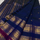 Navy blue and magenta handwoven pure silk Kanjipuram saree with Rettapet weave Mayil Pavun butta and Korvai antique gold zari border overview