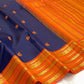 Handwoven navy Kanchipuram silk saree with orange Korvai border and gold zari