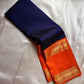 Navy Blue and Orange Handwoven Pure Silk KanchiPattu Saree with Gold Zari Arai Maadam Border