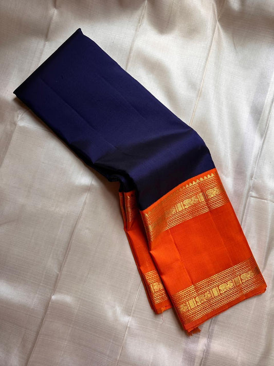 Navy Blue and Orange Handwoven Pure Silk KanchiPattu Saree with Gold Zari Arai Maadam Border