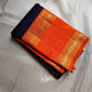 Navy Blue and Orange Handwoven Pure Silk KanchiPattu Saree with Gold Zari Arai Maadam Border