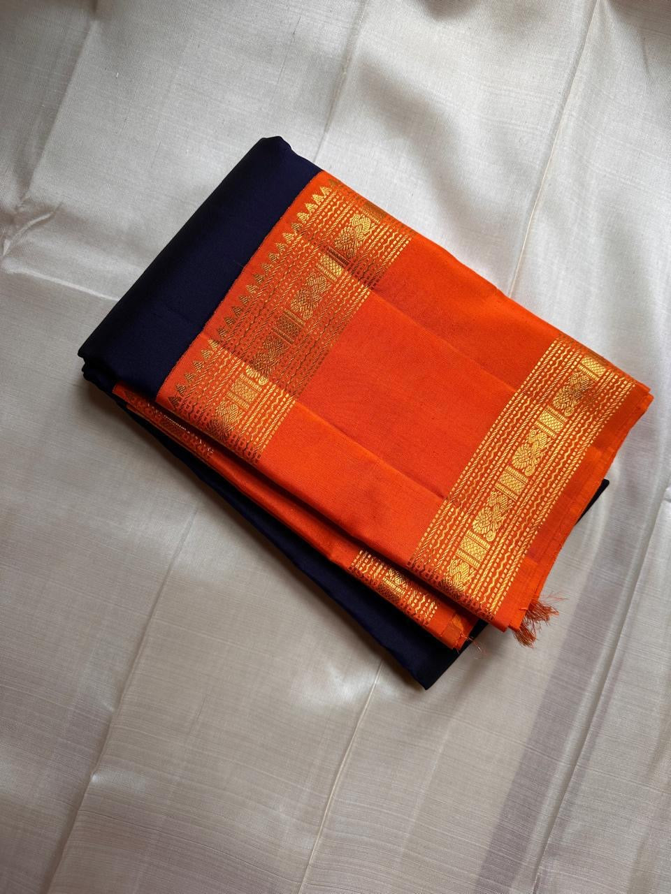 Navy Blue and Orange Handwoven Pure Silk KanchiPattu Saree with Gold Zari Arai Maadam Border