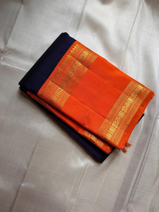 Navy Blue and Orange Handwoven Pure Silk KanchiPattu Saree with Gold Zari Arai Maadam Border