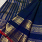 Deep Navy Blue Handwoven Pure Silk Kanchipuram Saree with Rettapet Mayil Zari Border and Orange-Red Selvedge