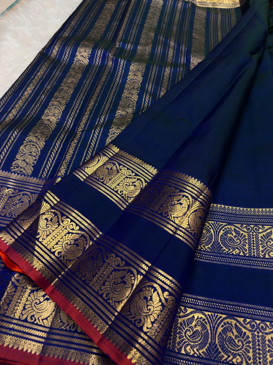 Deep Navy Blue Handwoven Pure Silk Kanchipuram Saree with Rettapet Mayil Zari Border and Orange-Red Selvedge