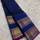 Handwoven pure silk Kanjipuram saree in navy blue with Rettapet Mayil Pavun butta and magenta Korvai Annam Mayil antique gold zari border Silk Mark certified