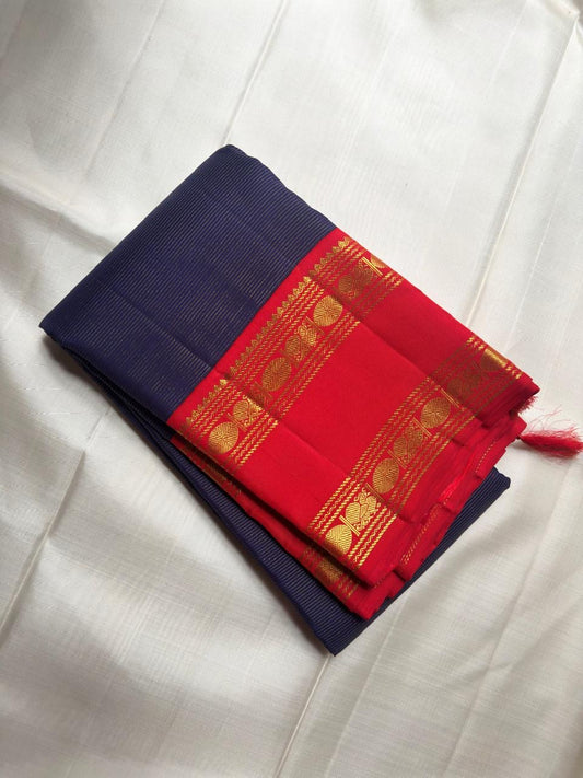Deep navy Vairaoosi pure silk KanchiPattu saree with vermilion red Rettapet border — full saree overview — Idam Living