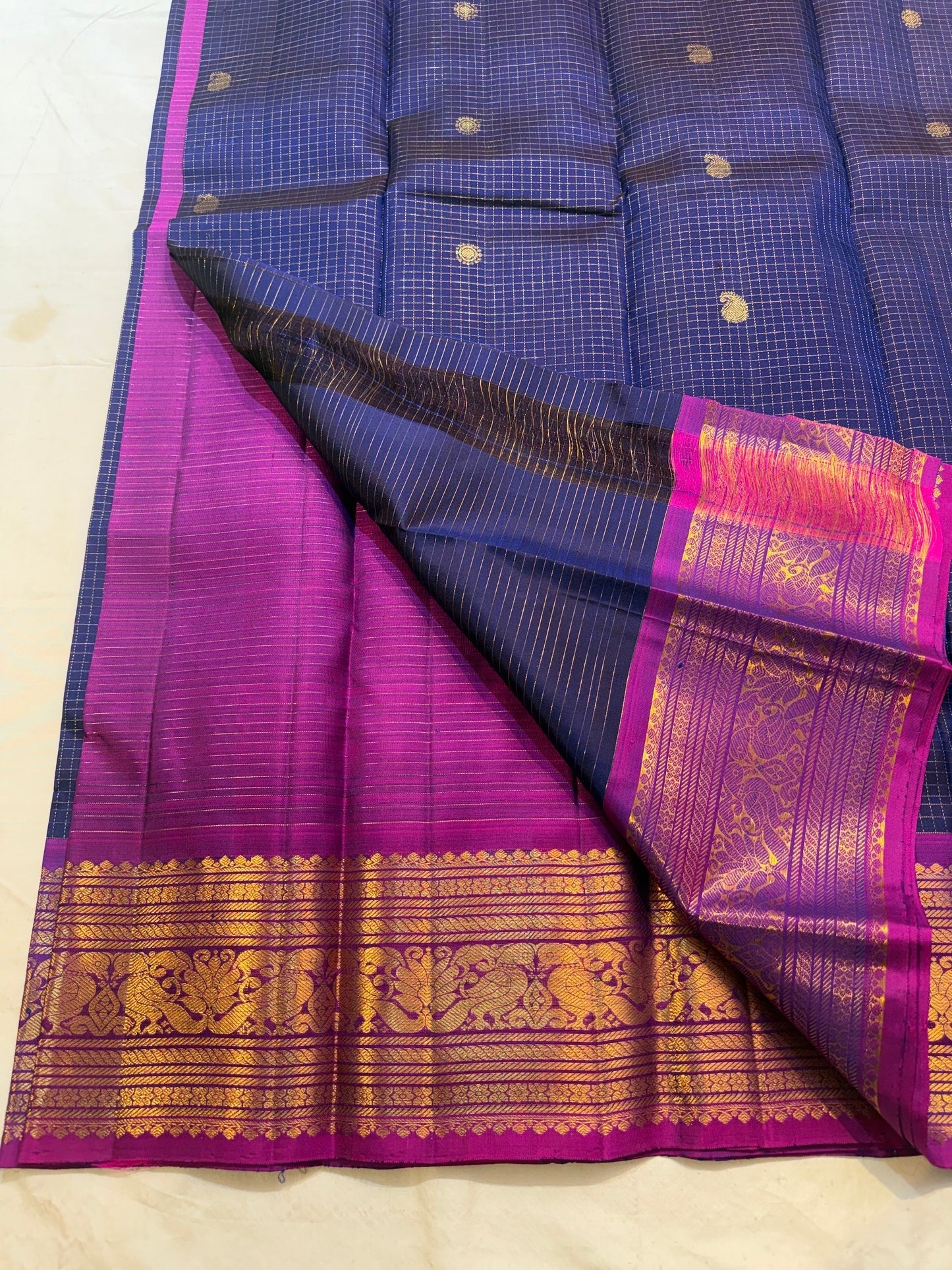 Navy Blue Handwoven Pure Silk Kanchipuram Saree with Purple Peacock Zari Border