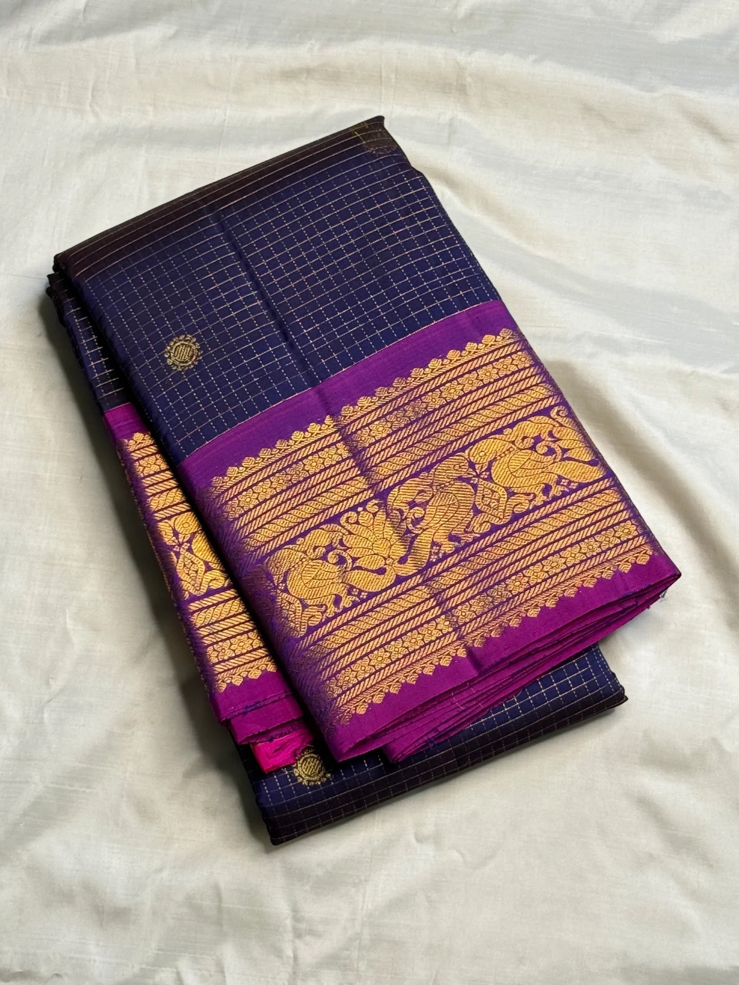 Navy Blue Handwoven Pure Silk Kanchipuram Saree with Purple Peacock Zari Border