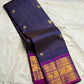 Navy Blue Handwoven Pure Silk Kanchipuram Saree with Purple Peacock Zari Border