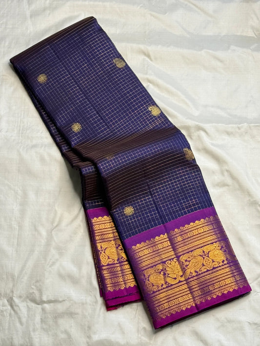 Navy Blue Handwoven Pure Silk Kanchipuram Saree with Purple Peacock Zari Border