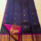 Navy Blue Handwoven Pure Silk Kanchipuram Saree with Purple Peacock Zari Border