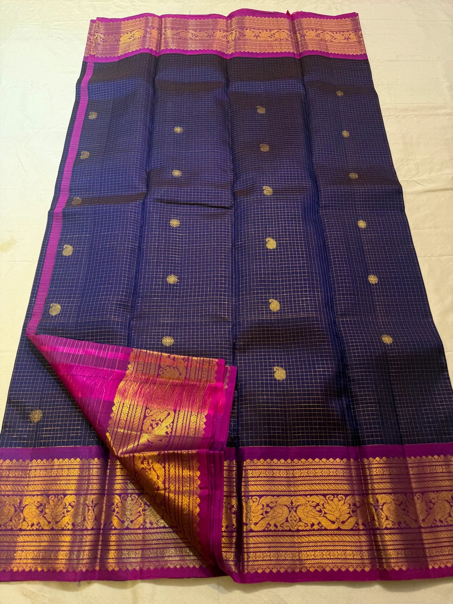 Navy Blue Handwoven Pure Silk Kanchipuram Saree with Purple Peacock Zari Border