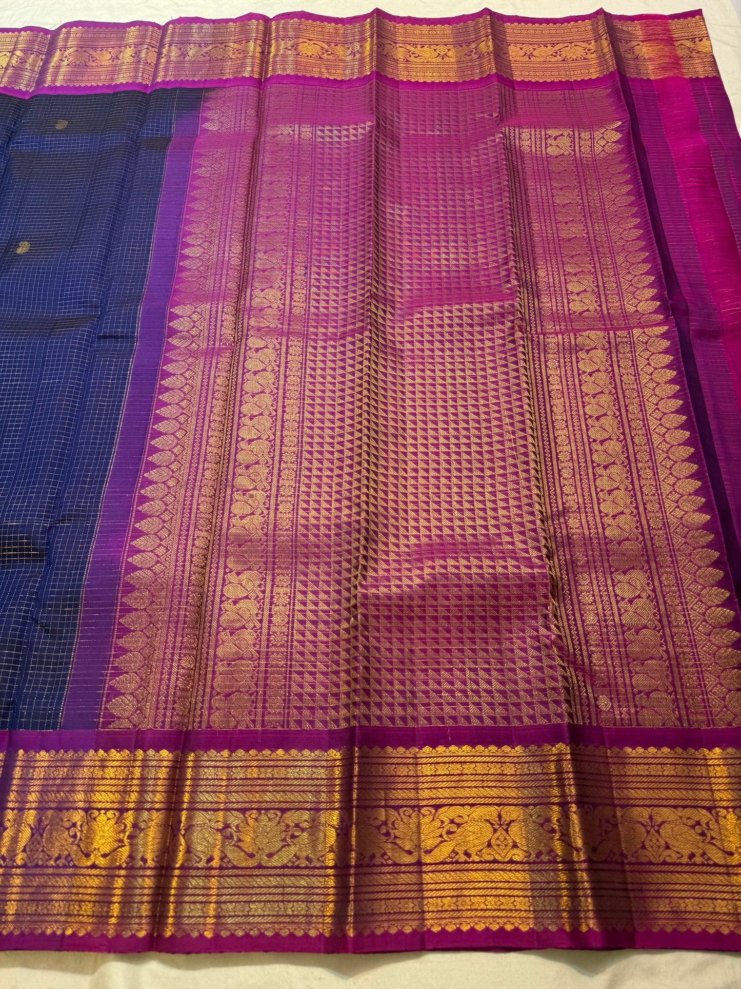 Navy Blue Handwoven Pure Silk Kanchipuram Saree with Purple Peacock Zari Border