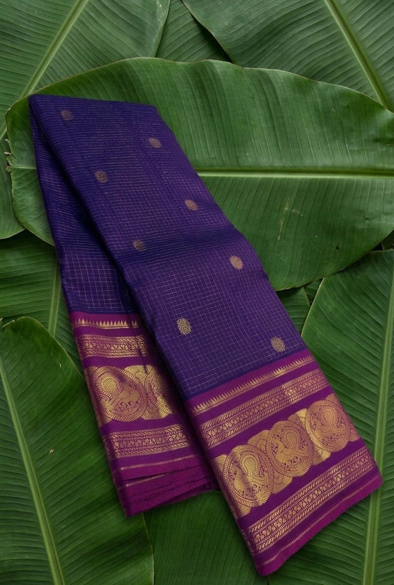 Royal blue handwoven Kanjipuram pure silk saree with zari kattam body and sorgavasal peacock maroon korvai border — Idam Living