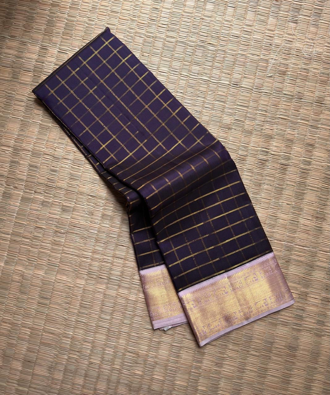 Deep Ink Navy and Lavender-Grey Kanjivaram silk zari saree.