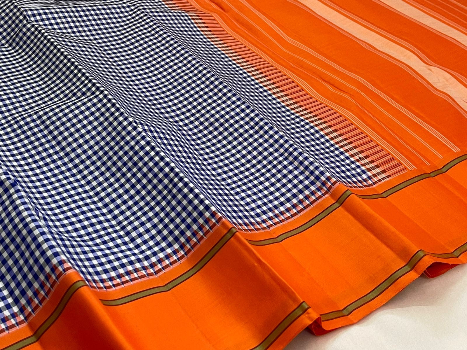 Navy white kattam and orange handwoven pure silk Kancheepuram saree with Kanchi Kattam body and Pillayar Reku Korvai border overview