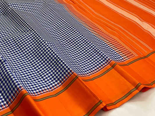 Navy white kattam and orange handwoven pure silk Kancheepuram saree with Kanchi Kattam body and Pillayar Reku Korvai border overview