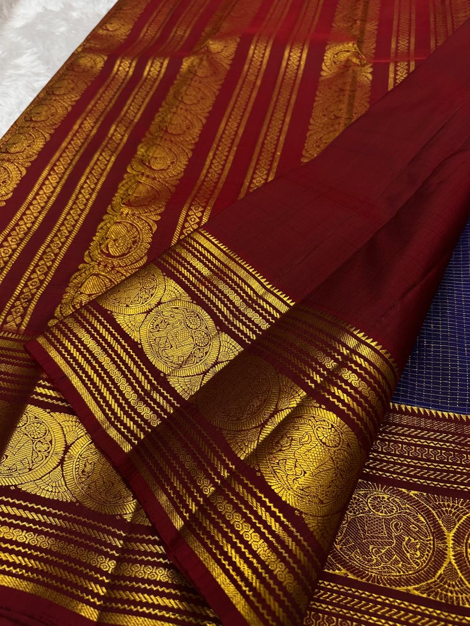 maroon zari pallu with vertical stripes and medallion panels paired with royal blue checked kanchipuram silk saree available in the USA