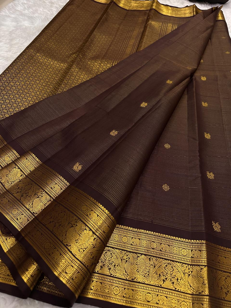 Deep Espresso Brown pure silk Kancheepuram saree — needle stripe pattern