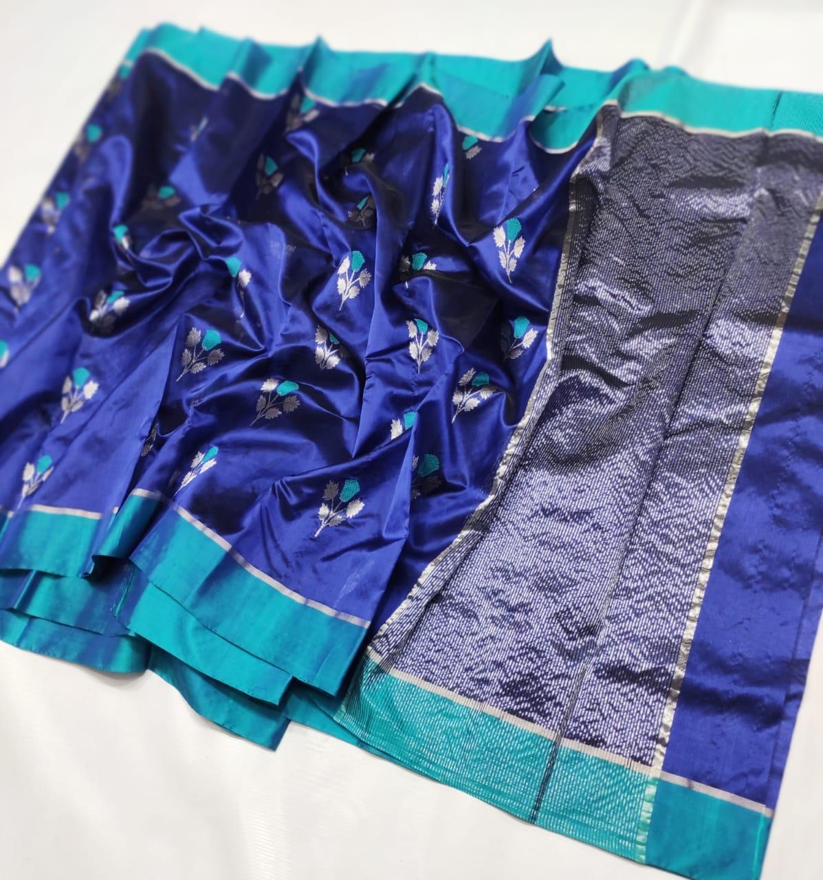 Neelam blue Chanderi saree with turquoise contrast border