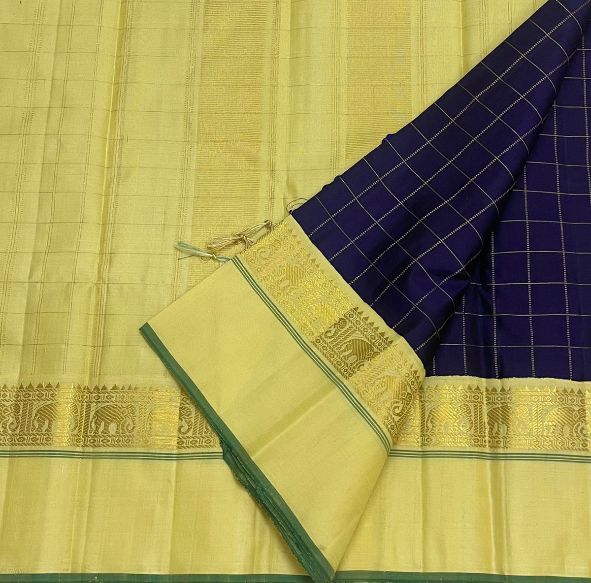 Neelam Blue Handwoven Pure Silk KanchiPattu Kanchi Kattam Saree with Kaal Irangiya Ivory Gold Border