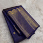 Fine classic-gold Zari Kattam crossing saturated Deep Neelam Blue Kanchipuram silk.