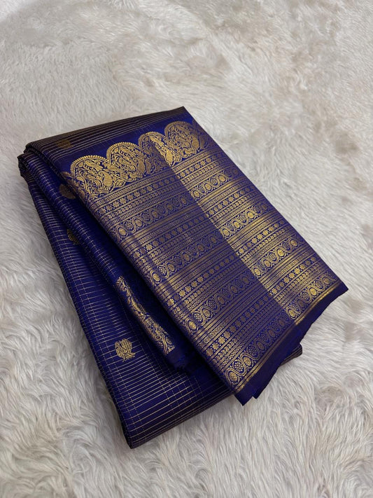 Fine classic-gold Zari Kattam crossing saturated Deep Neelam Blue Kanchipuram silk.