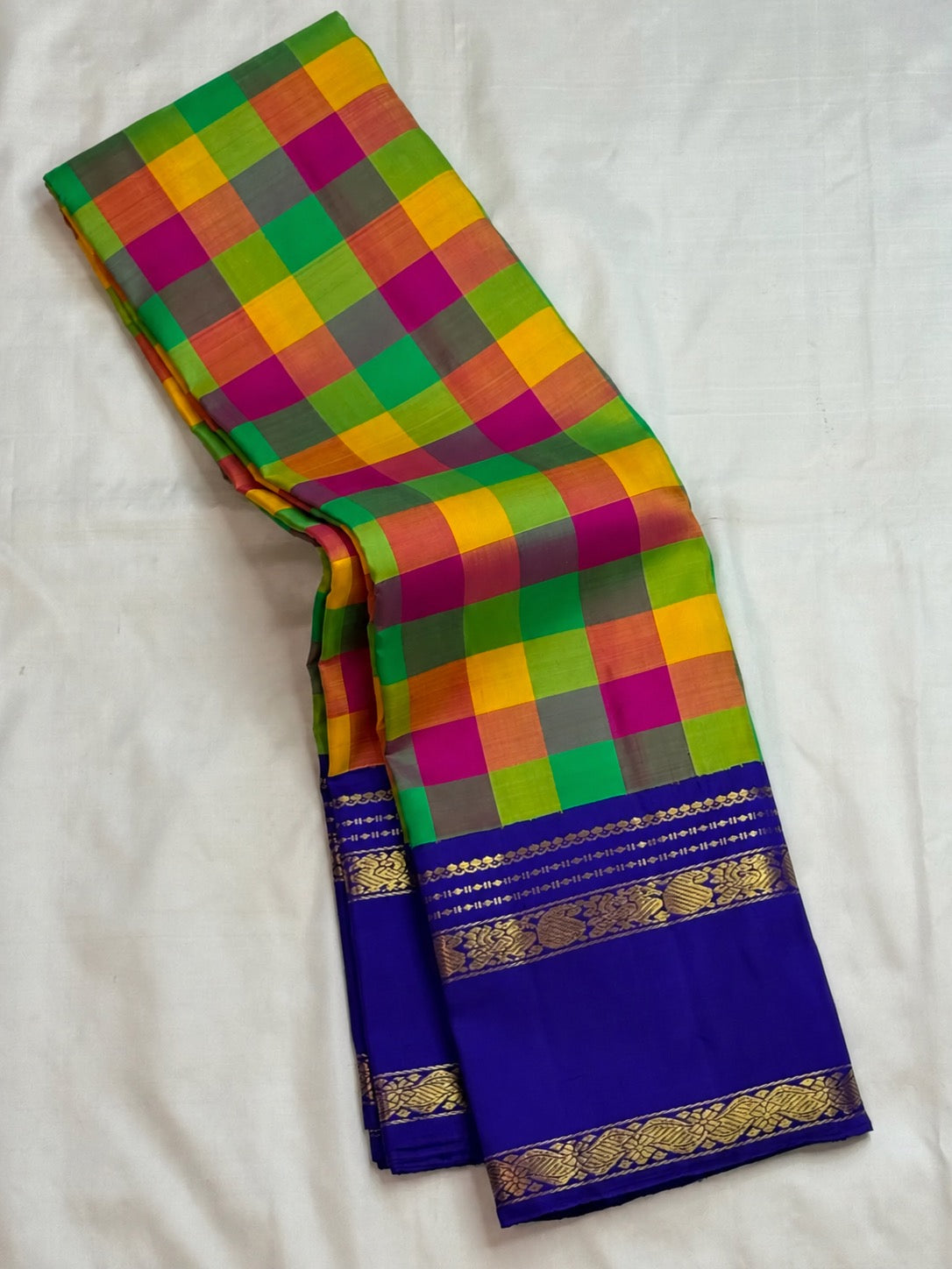 Madras checks detail on neelam blue Kanjeevaram pure silk saree pallu