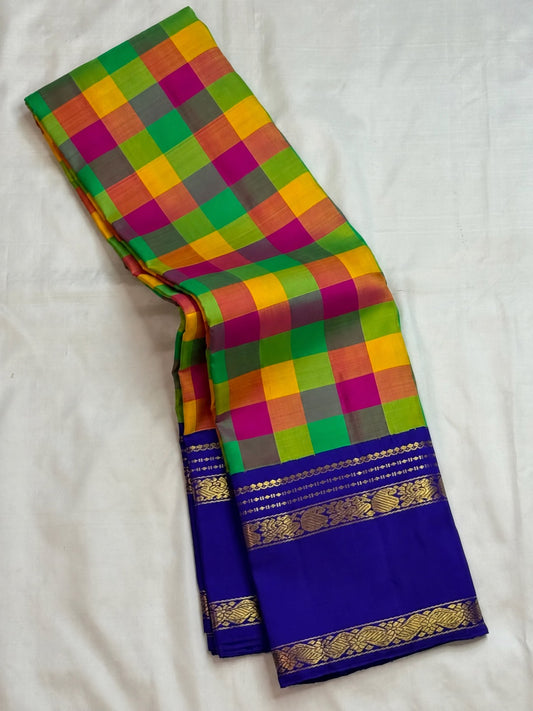 Madras checks detail on neelam blue Kanjeevaram pure silk saree pallu