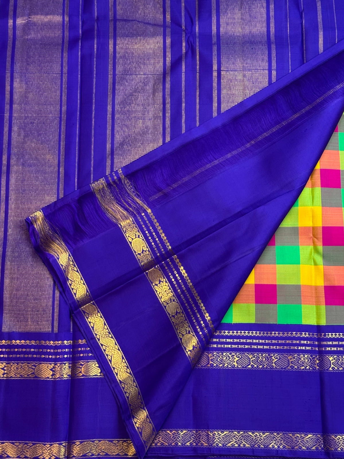 Neelam blue Kanjivaram handwoven silk saree with gold zari border