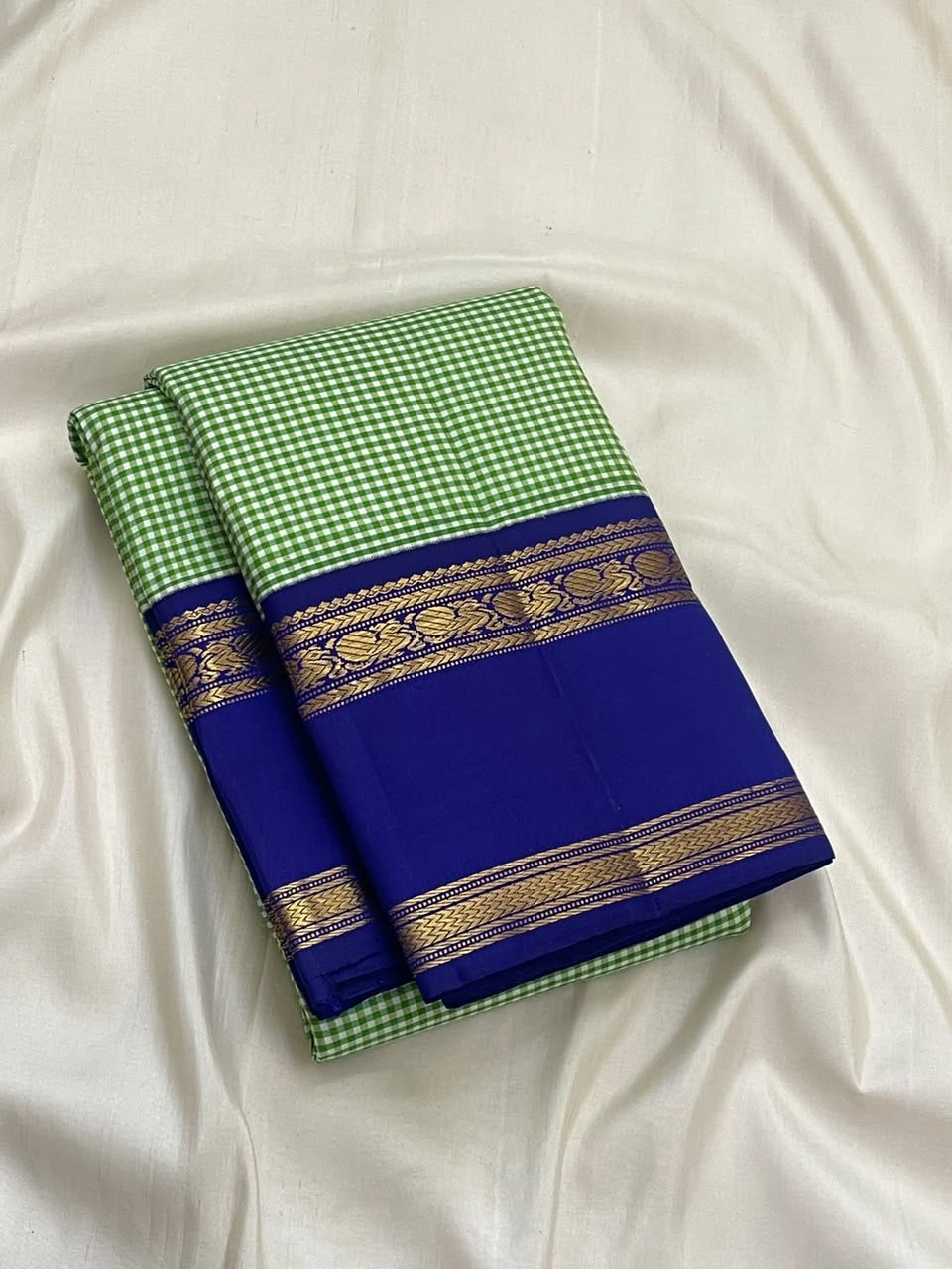 Pistachio Green Handwoven Pure Silk Kancheepuram Kanchi Kattam Saree with Neelam Blue Gold Zari Border