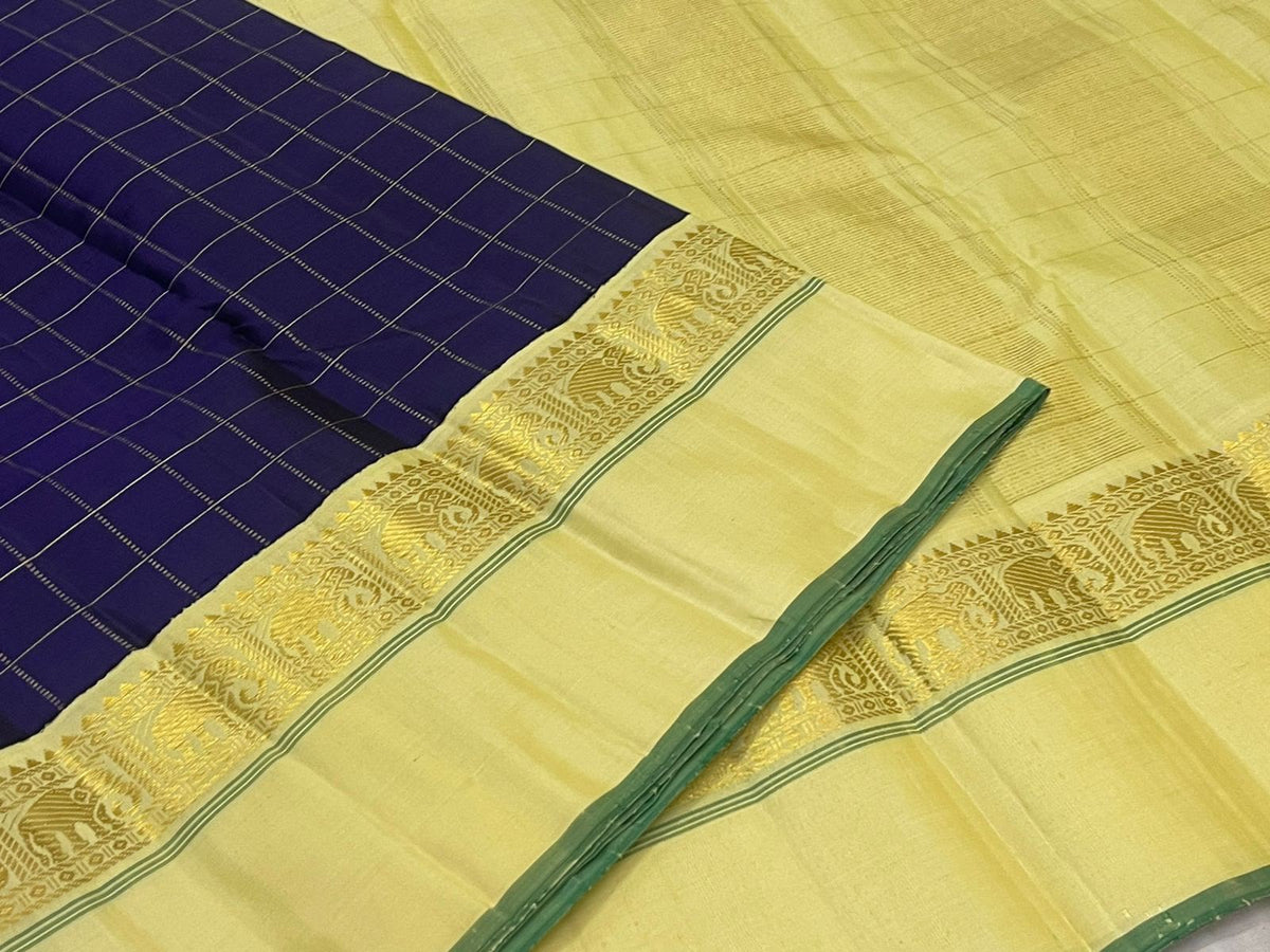 Neelam Blue Handwoven Pure Silk KanchiPattu Kanchi Kattam Saree with Kaal Irangiya Ivory Gold Border