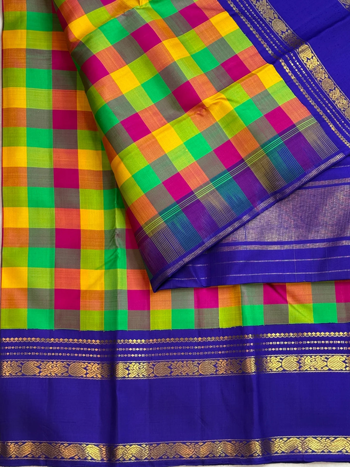 Neelam blue handwoven Pure Silk Kanchipuram Paalum Pazhamum saree with Madras checks pallu