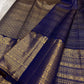 Handwoven Deep Neelam Pure Silk Kanchipuram with fine gold Kattam geometry.