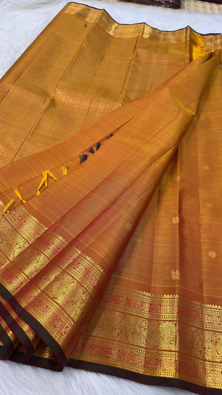 Burnished Ochre Gold Handwoven Pure Silk Kanjeevaram Vairaoosi Saree with Gold Zari Buttas and Traditional Zari Border