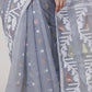 Pure Jamdani Cotton Silk Saree Off White and Grey Handloom Bengal Weave with Woven Buttas