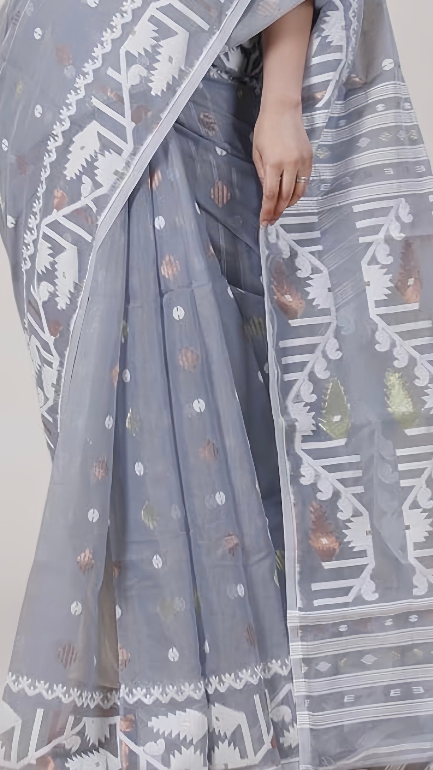 Pure Jamdani Cotton Silk Saree Off White and Grey Handloom Bengal Weave with Woven Buttas