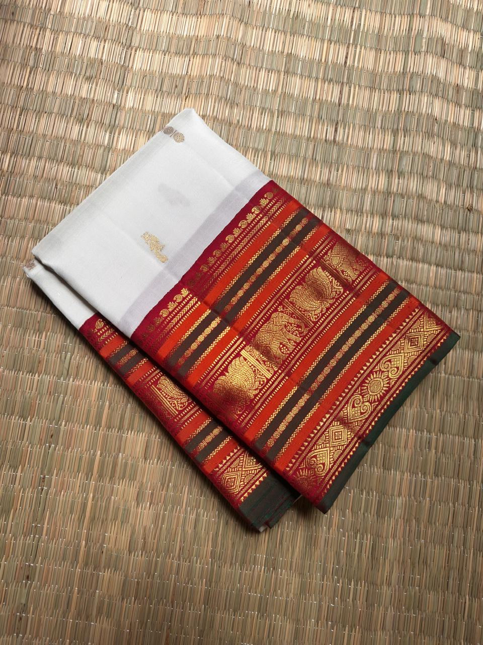 Ivory handwoven pure silk Kanjivaram saree with gold zari motifs — full saree overview — Idam Living
