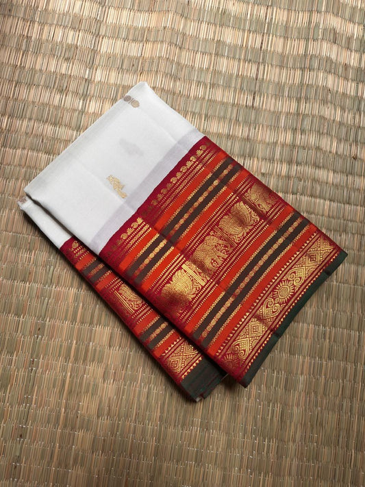 Ivory handwoven pure silk Kanjivaram saree with gold zari motifs — full saree overview — Idam Living