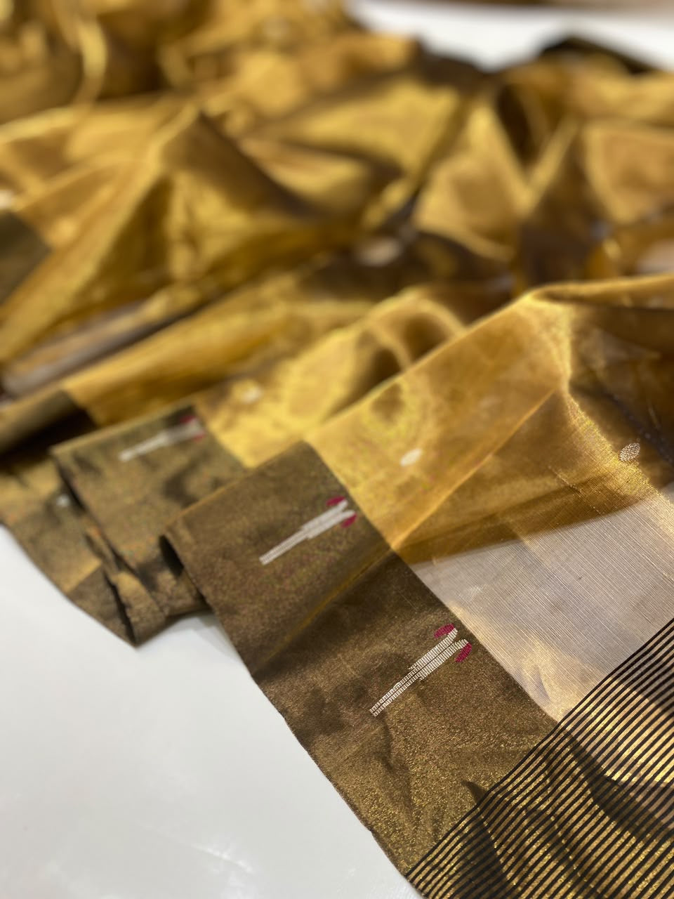 Full view of Antique Gold handloom Chanderi saree with deep olive border, metallic buttas and striped pallu detail