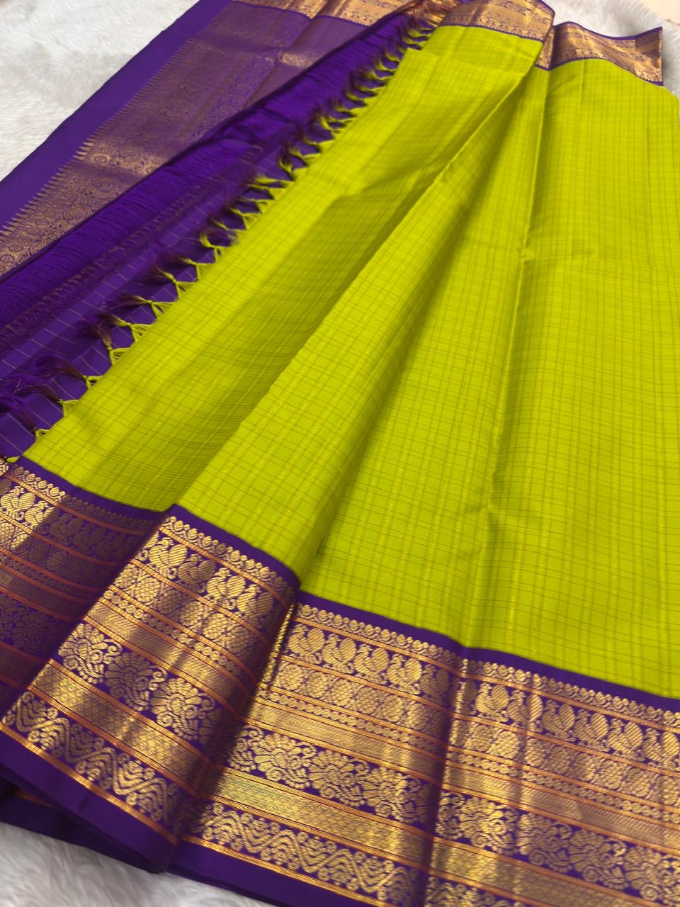 Olive Gold Kanchipuram silk saree – royal purple zari border — Idam Living