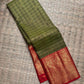 Olive Green Pure Silk Kanchipuram Zari Kattam saree with Arakku Red border.