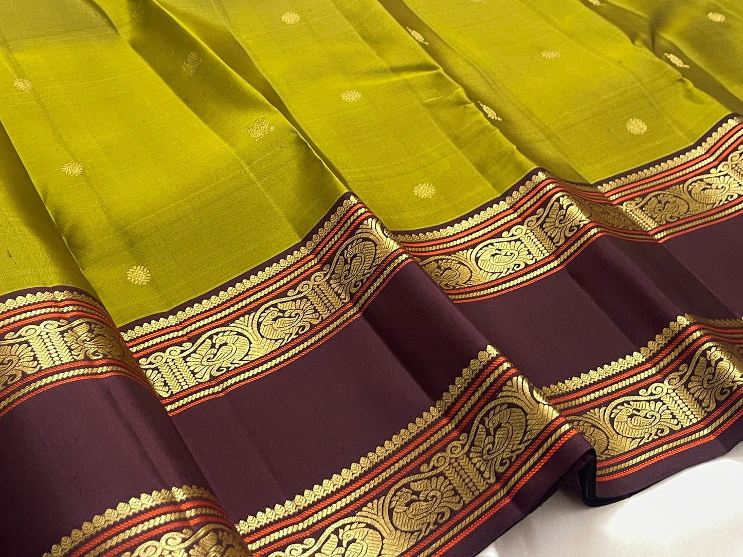 Antique Olive Green and Deep Espresso Brown Handwoven Pure Silk Kanjivaram Rettapet Saree with Vintage Gold Zari Buttas
