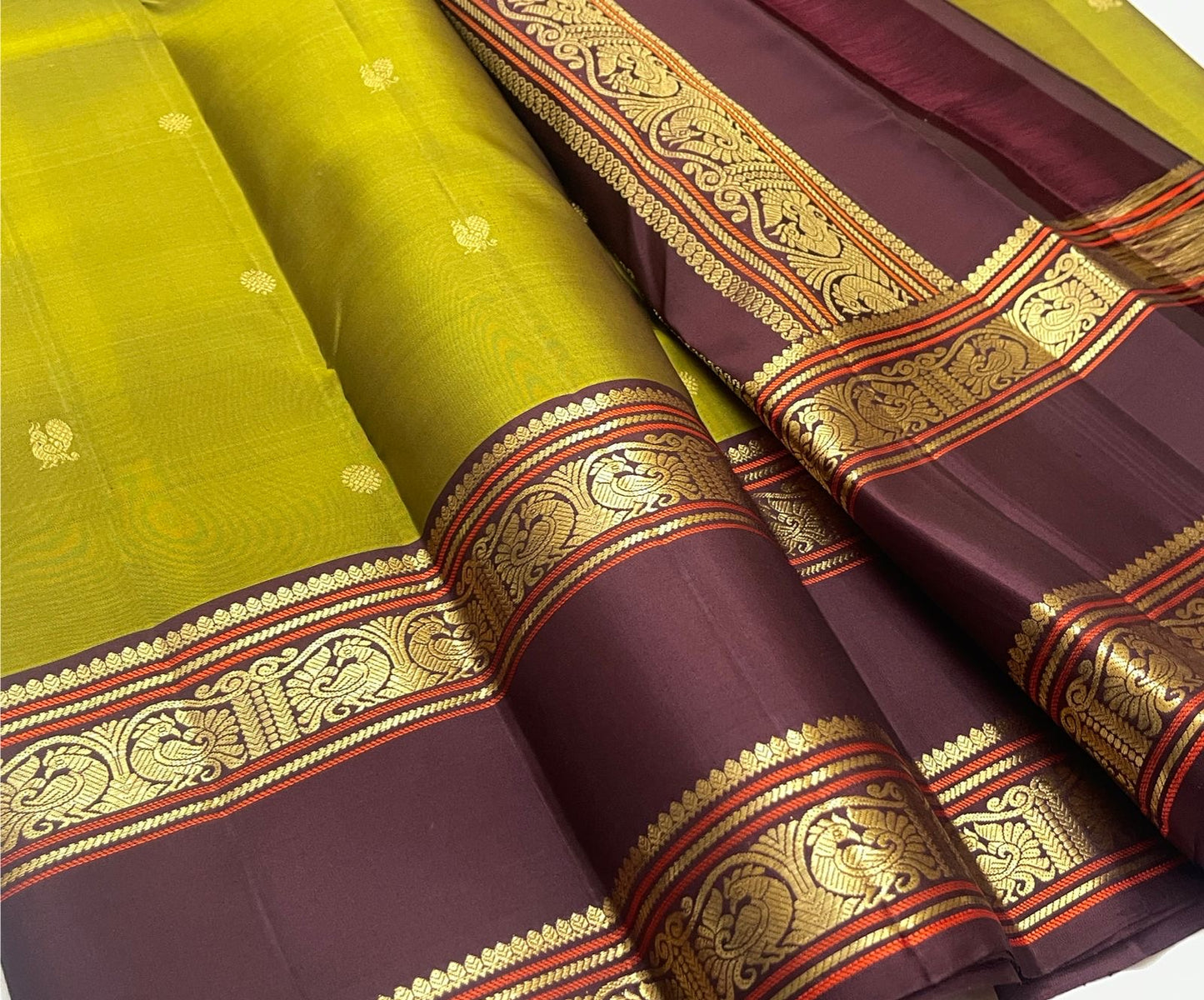Antique Olive Green and Deep Espresso Brown Handwoven Pure Silk Kanjivaram Rettapet Saree with Vintage Gold Zari Buttas
