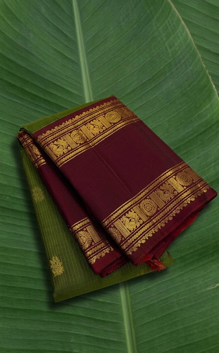 Olive Green and Deep Maroon Handwoven Pure Silk Kanjivaram Saree with Sorgavaasal Mayil Border