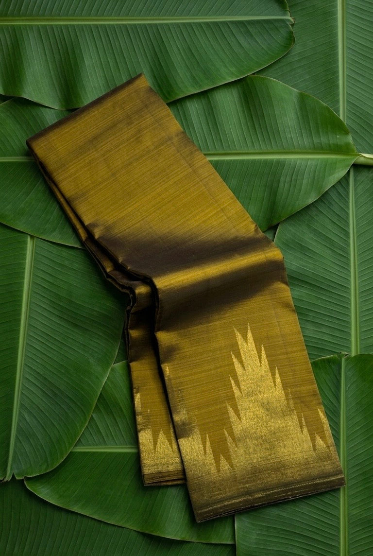 Olive green handwoven Kancheepuram pure silk saree with ettukol antique copper zari border — Idam Living