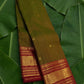 Olive green handwoven Kanjeevaram pure silk saree with zari kattam body and sorgavasal peacock maroon korvai border — Idam Living