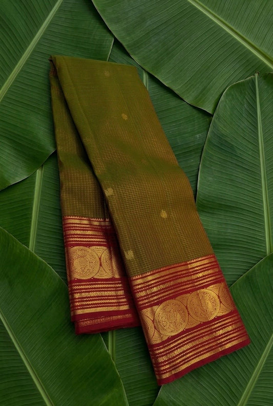 Olive green handwoven Kanjeevaram pure silk saree with zari kattam body and sorgavasal peacock maroon korvai border — Idam Living
